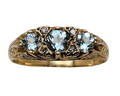 3 Stone Aquamarine Filigree Ring With Accent Diamonds - Yellow Gold
