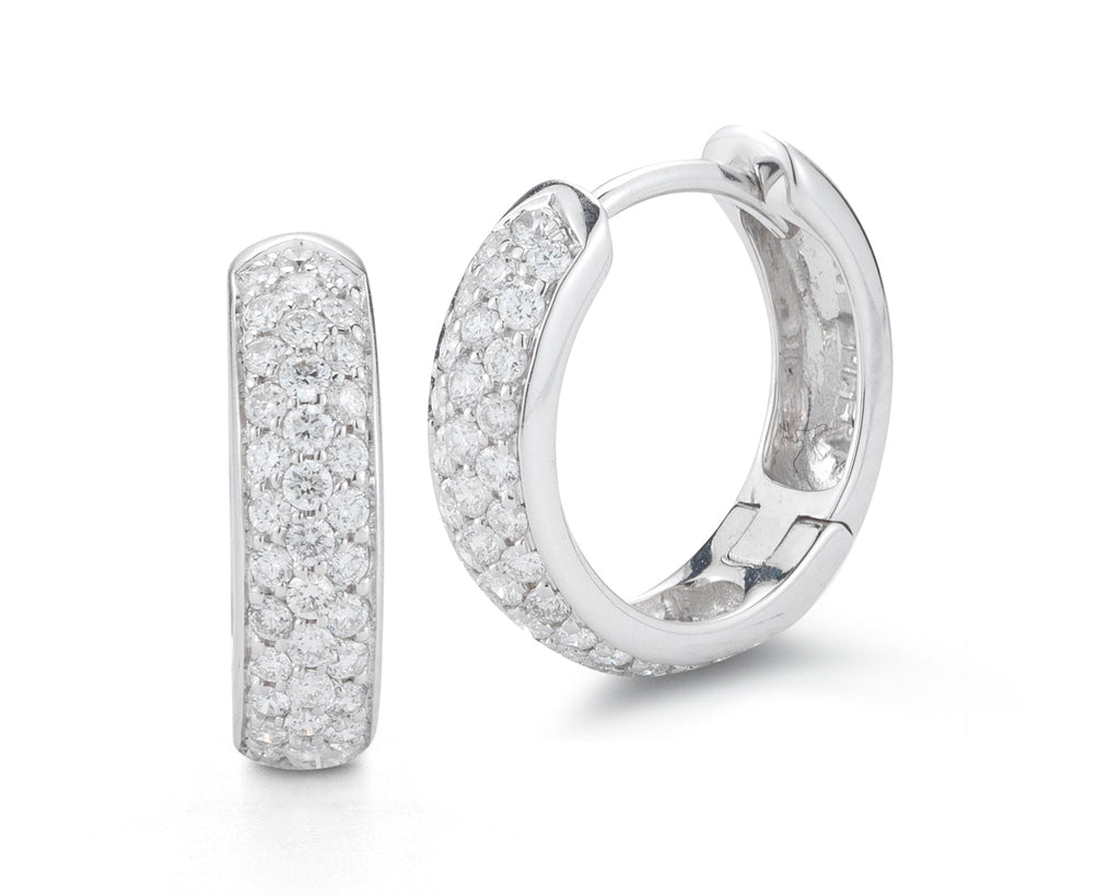 Three-Row Wide Pave Diamond Small Huggie Earrings - White Gold