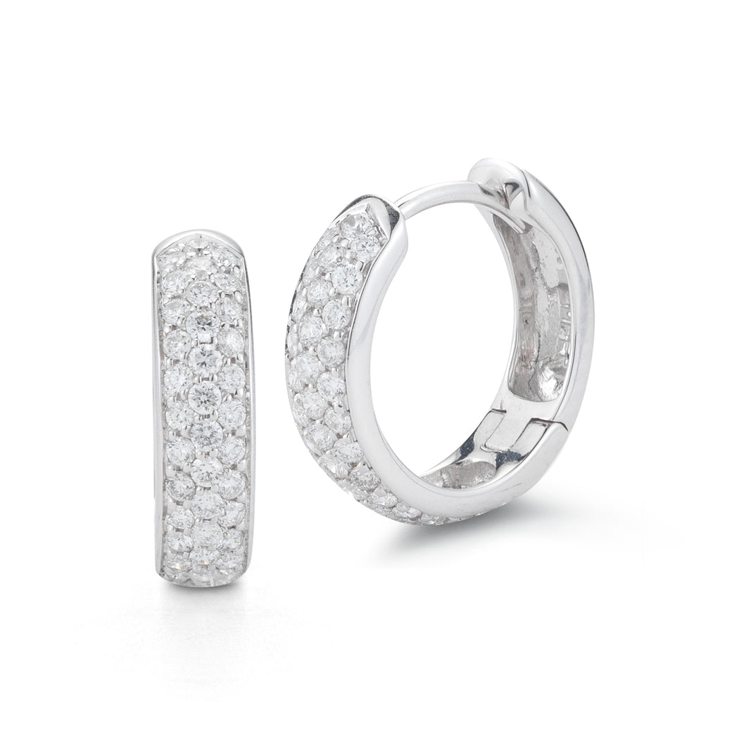 Three-Row Wide Pave Diamond Small Huggie Earrings - White Gold