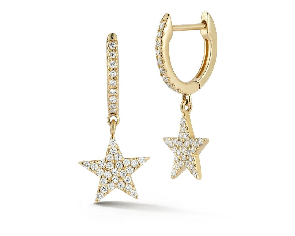 Star Dangle Earrings with Pave Diamonds - Yellow Gold