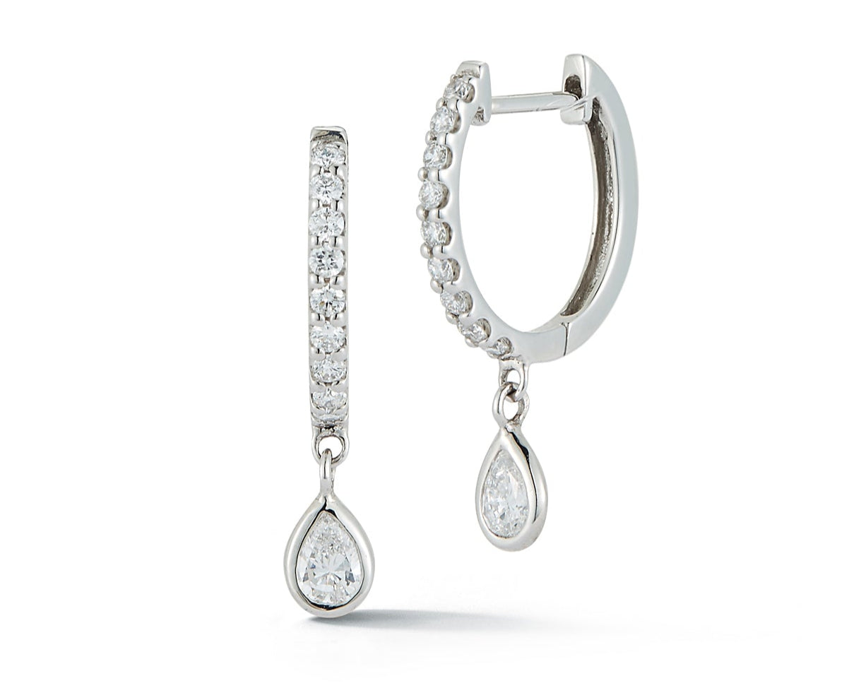 Huggie Earrings with Pear Shaped Diamond Dangle - White Gold