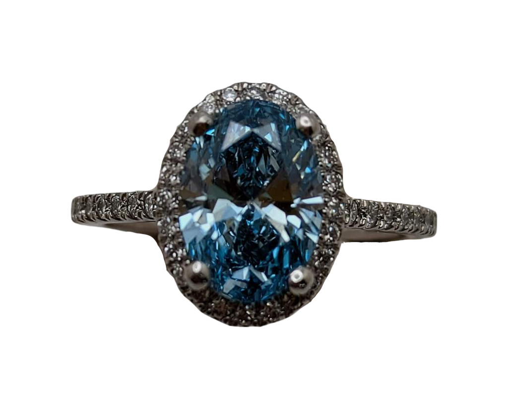 2.00ct Oval Lab Grown Blue Diamond Ring with Diamond Halo and Shank - Platinum