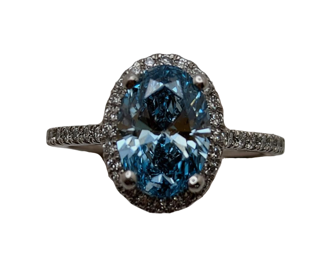 2.00ct Oval Lab Grown Blue Diamond Ring with Diamond Halo and Shank - Platinum