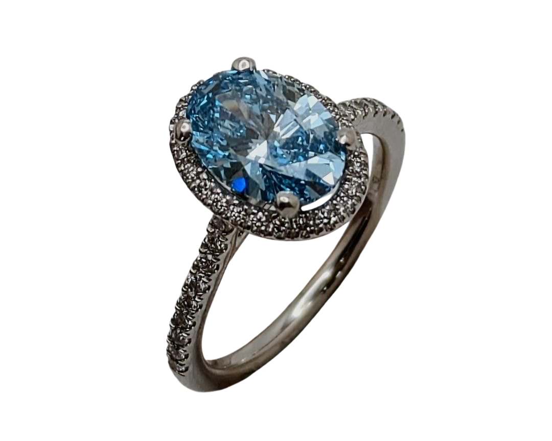 2.00ct Oval Lab Grown Blue Diamond Ring with Diamond Halo and Shank - Platinum