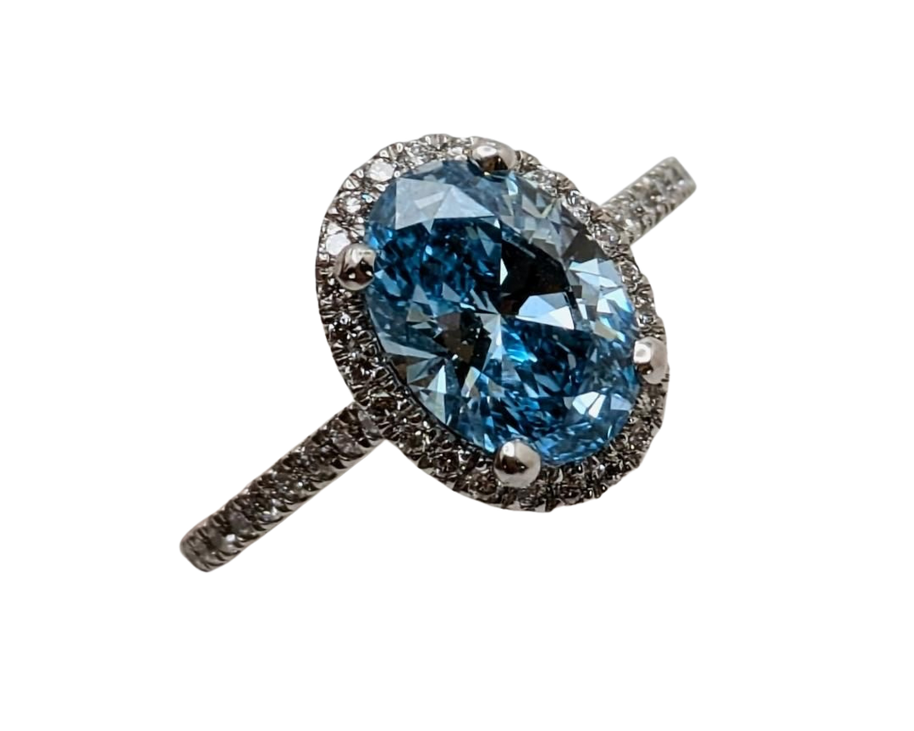 2.00ct Oval Lab Grown Blue Diamond Ring with Diamond Halo and Shank - Platinum