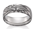 A silver-toned band ring featuring a matte outer surface with an intricate, dark gray abstract wave or flame-like pattern, shown on a clean white background with a soft reflection.
