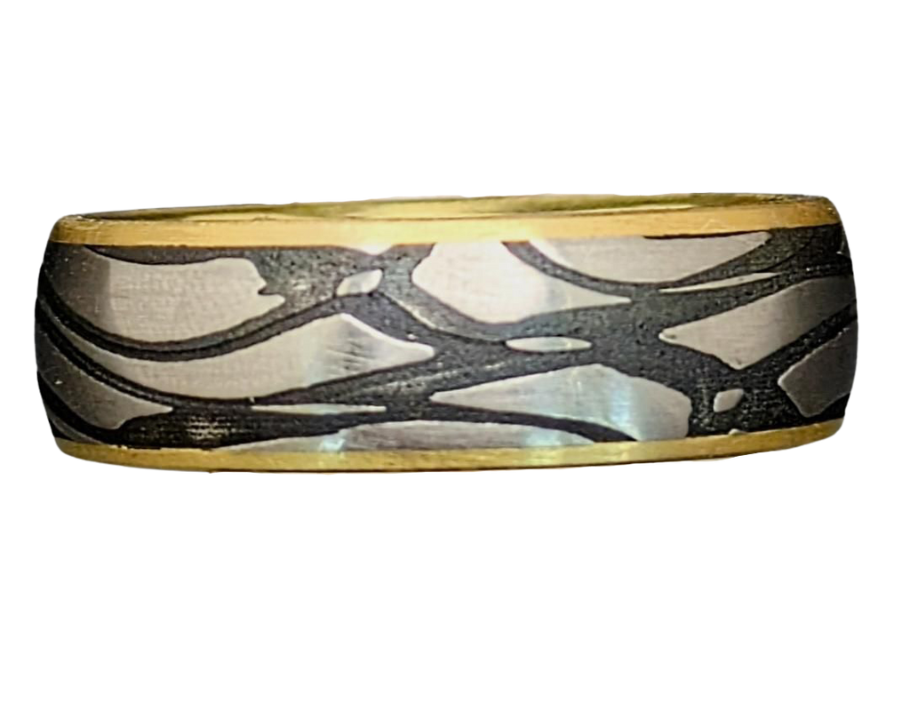 Dragonlace Damascus Steel Ring - Yellow Gold