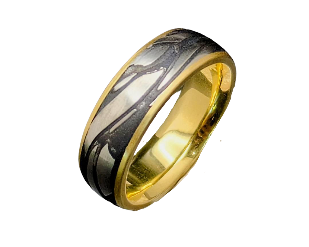 Dragonlace Damascus Steel Ring - Yellow Gold