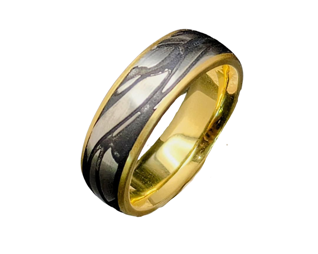 Dragonlace Damascus Steel Ring - Yellow Gold