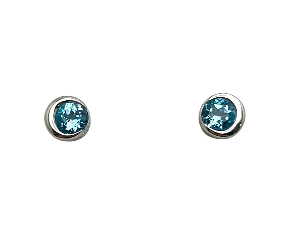 Crescent Moon Stud Earrings with Blue Topaz - Silver