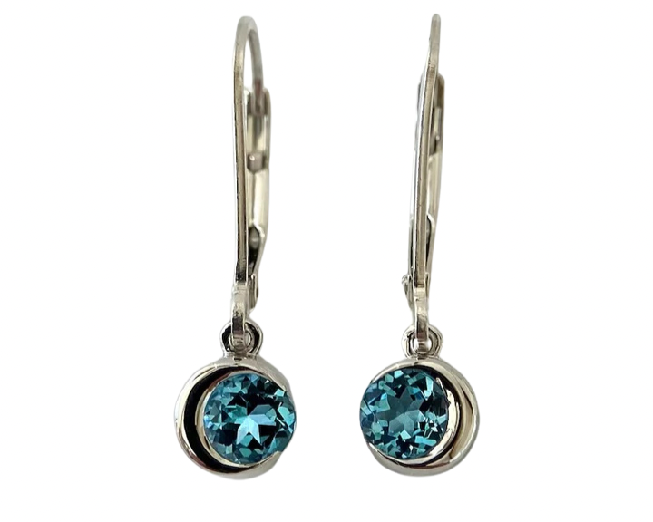 Crescent Moon Dangle Earrings with Blue Topaz and Lever Back Tops - Silver