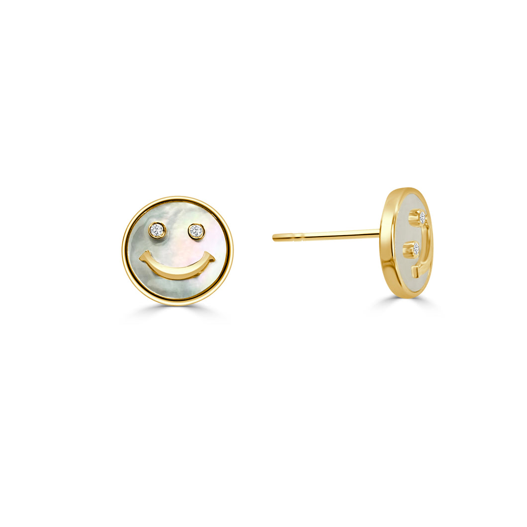 Happy Face Earrings w/Diamonds and Mother Of Pearl - Yellow Gold