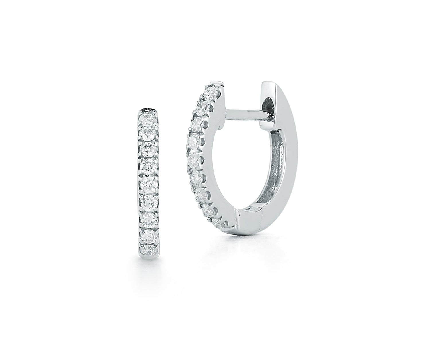 Small Huggie Style Pave Diamond Hoop Earrings - White Gold