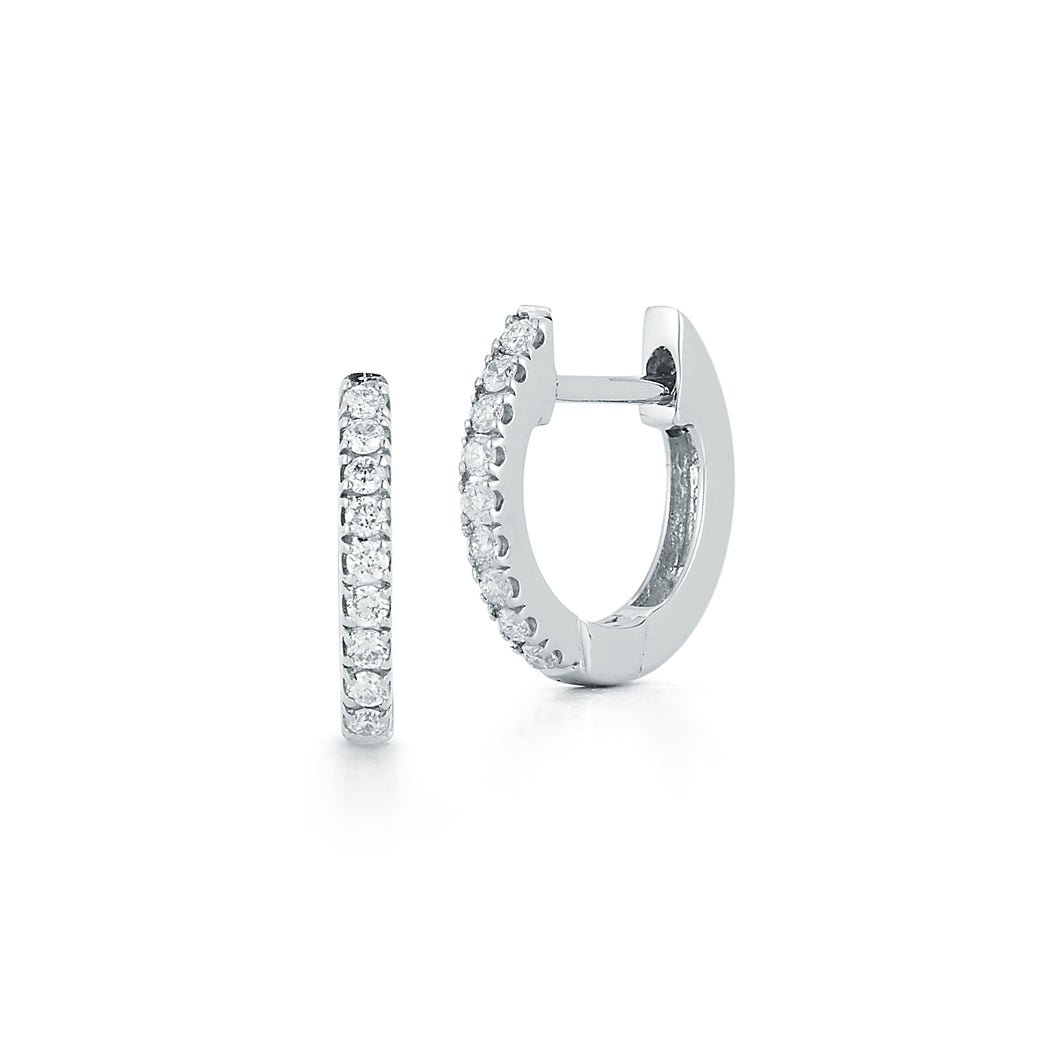 Small Huggie Style Pave Diamond Hoop Earrings - White Gold