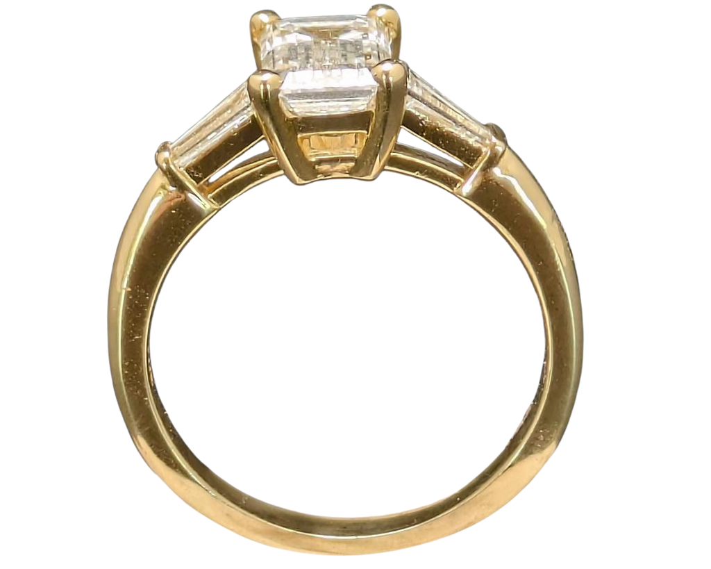 1.50 Emerald Cut Diamond Ring With Baguette Accent Diamonds - Yellow Gold