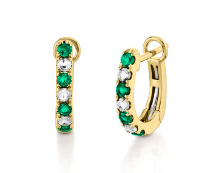 Emerald and Diamond Alternating Hoop Earrings - Yellow Gold