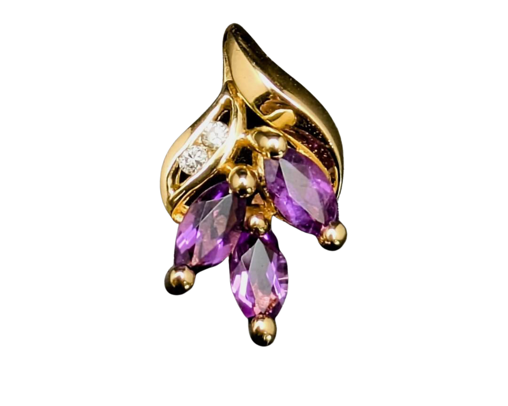 Three Stone Amethyst Pendant with Diamond Accents - Yellow Gold