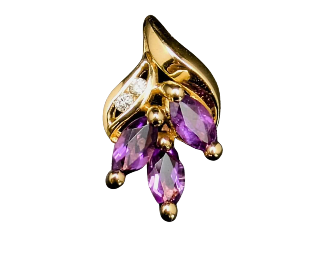Three Stone Amethyst Pendant with Diamond Accents - Yellow Gold