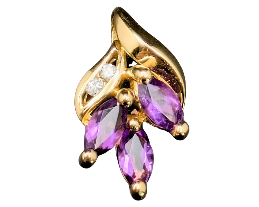 Three Stone Amethyst Pendant with Diamond Accents - Yellow Gold