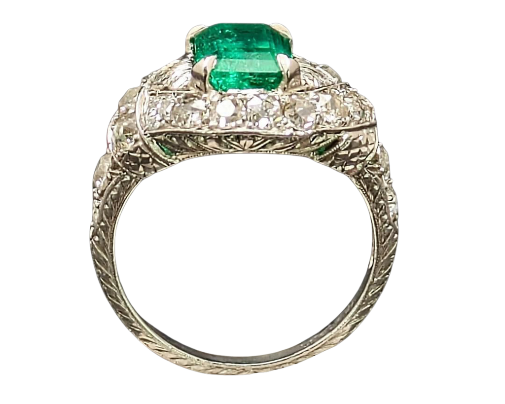 Art Deco Emerald Ring with Pave Diamond Halo and Filigree Details - Platinum