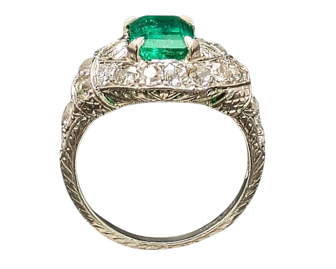 Art Deco Emerald Ring with Pave Diamond Halo and Filigree Details - Platinum