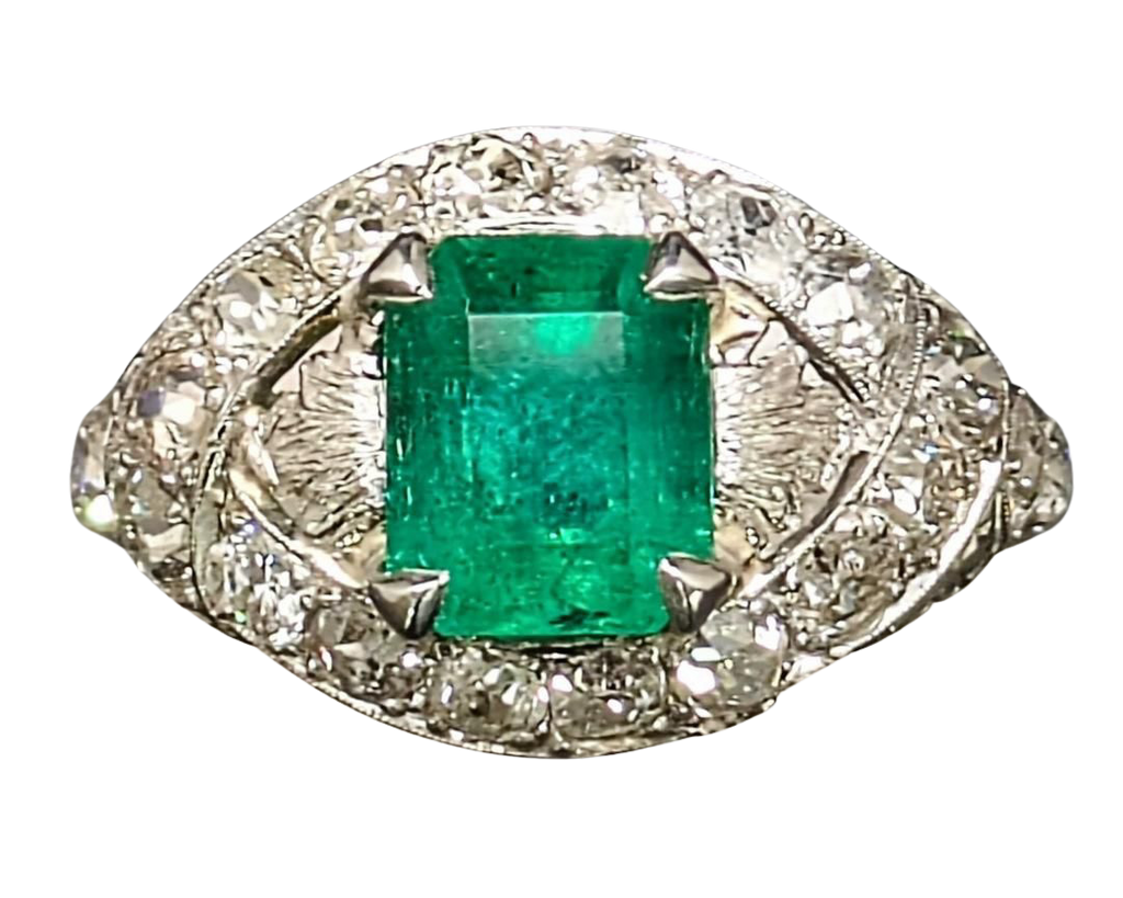 Art Deco Emerald Ring with Pave Diamond Halo and Filigree Details - Platinum