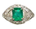 Art Deco Emerald Ring with Pave Diamond Halo and Filigree Details - Platinum