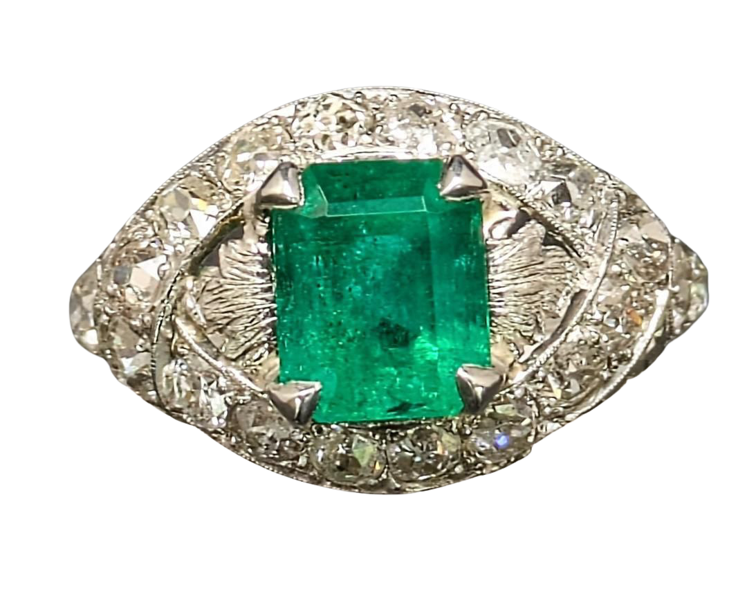 Art Deco Emerald Ring with Pave Diamond Halo and Filigree Details - Platinum