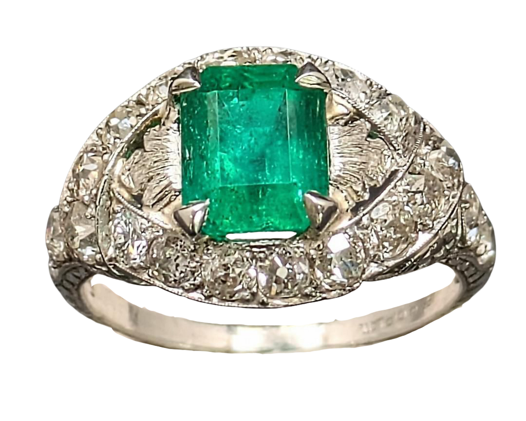 Art Deco Emerald Ring with Pave Diamond Halo and Filigree Details - Platinum
