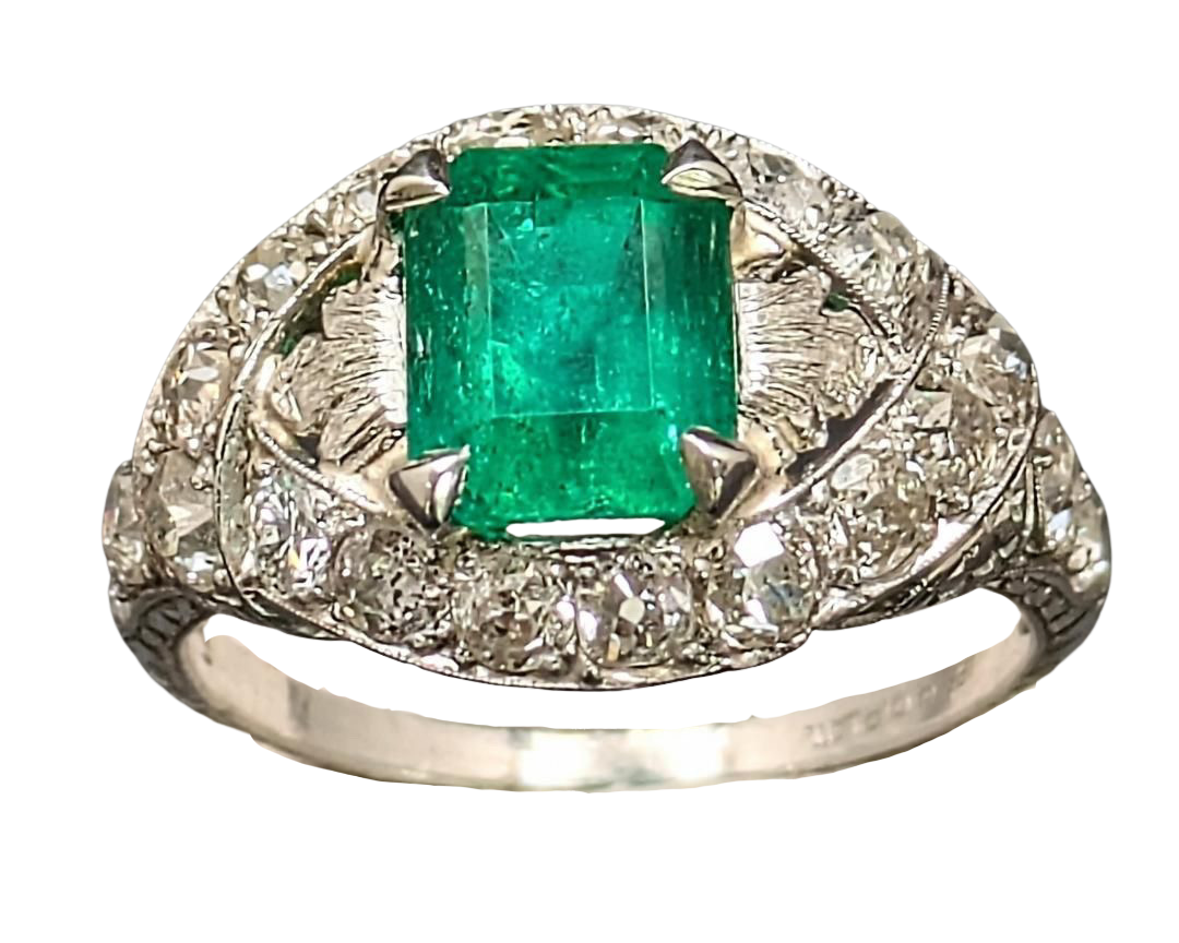 Art Deco Emerald Ring with Pave Diamond Halo and Filigree Details - Platinum