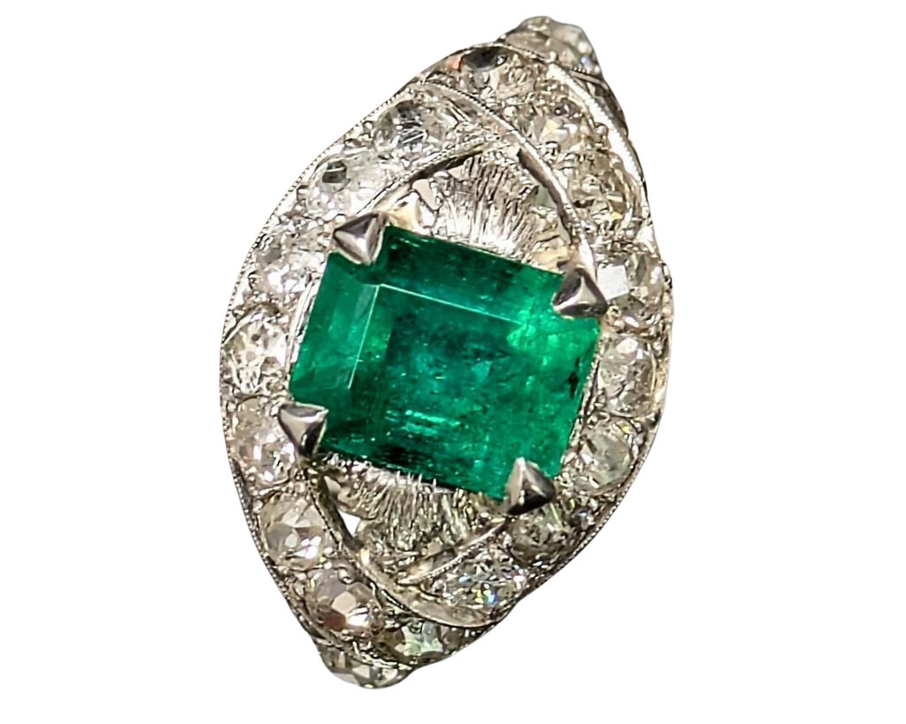Art Deco Emerald Ring with Pave Diamond Halo and Filigree Details - Platinum