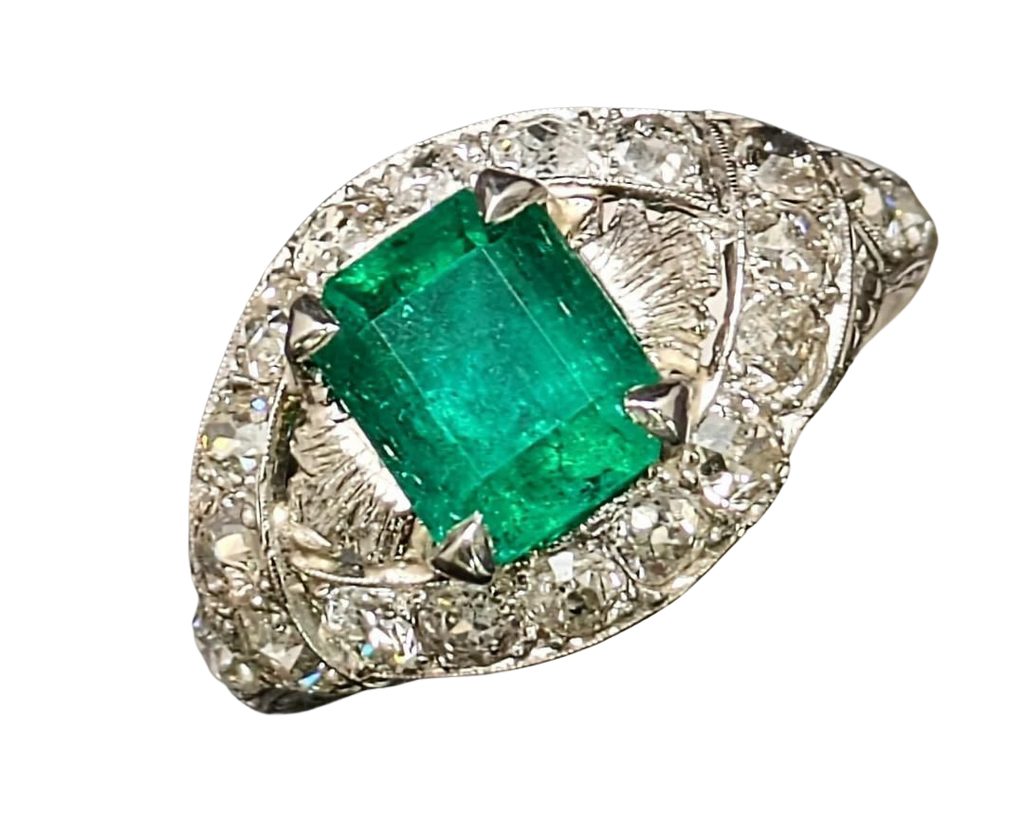Art Deco Emerald Ring with Pave Diamond Halo and Filigree Details - Platinum