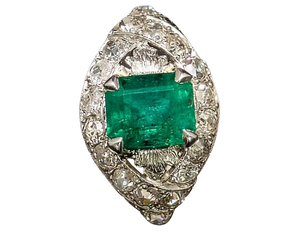 Art Deco Emerald Ring with Pave Diamond Halo and Filigree Details - Platinum