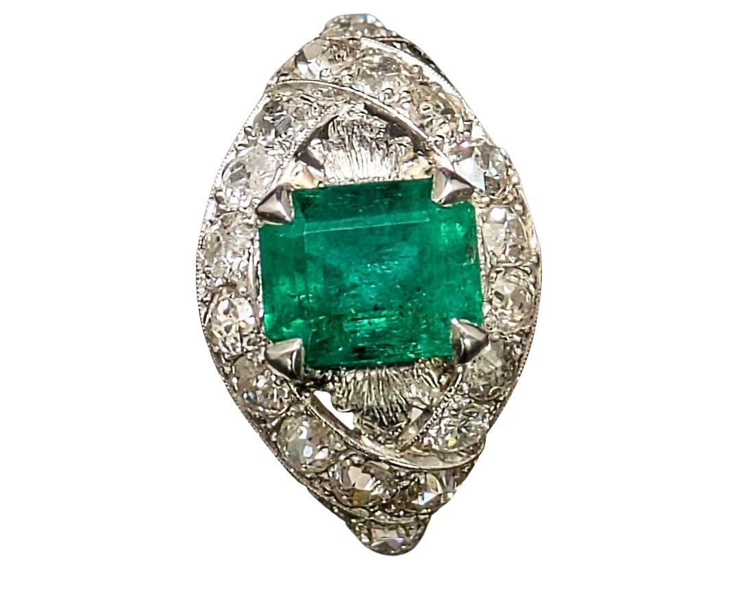 Art Deco Emerald Ring with Pave Diamond Halo and Filigree Details - Platinum