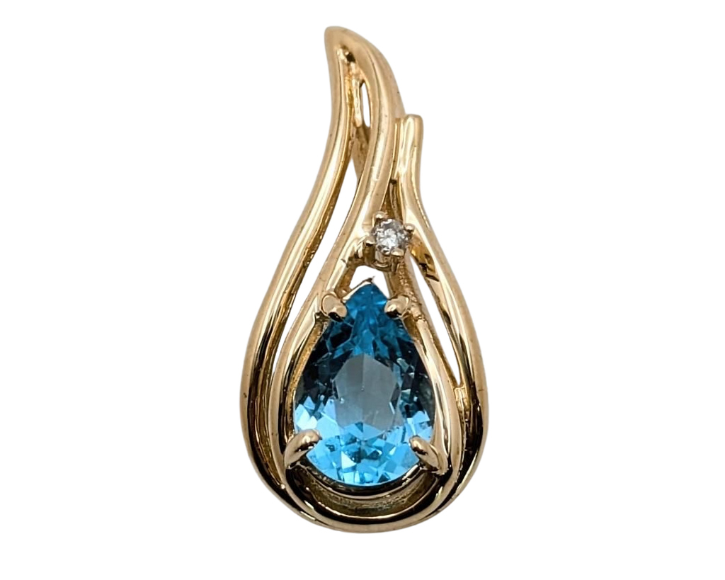 Blue Topaz Flame Design Pendant - Yellow Gold