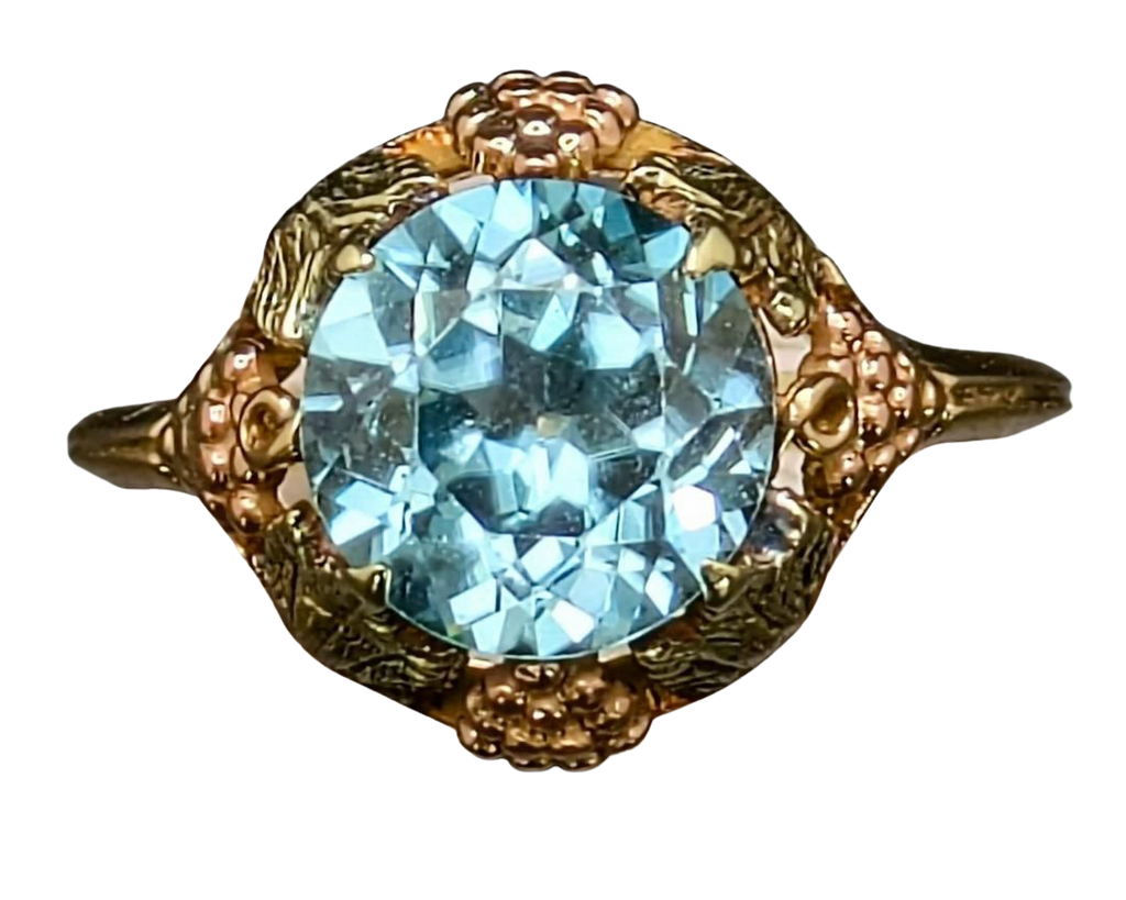 Blue Zircon Ring with Floral Side Details - Tri-Tone