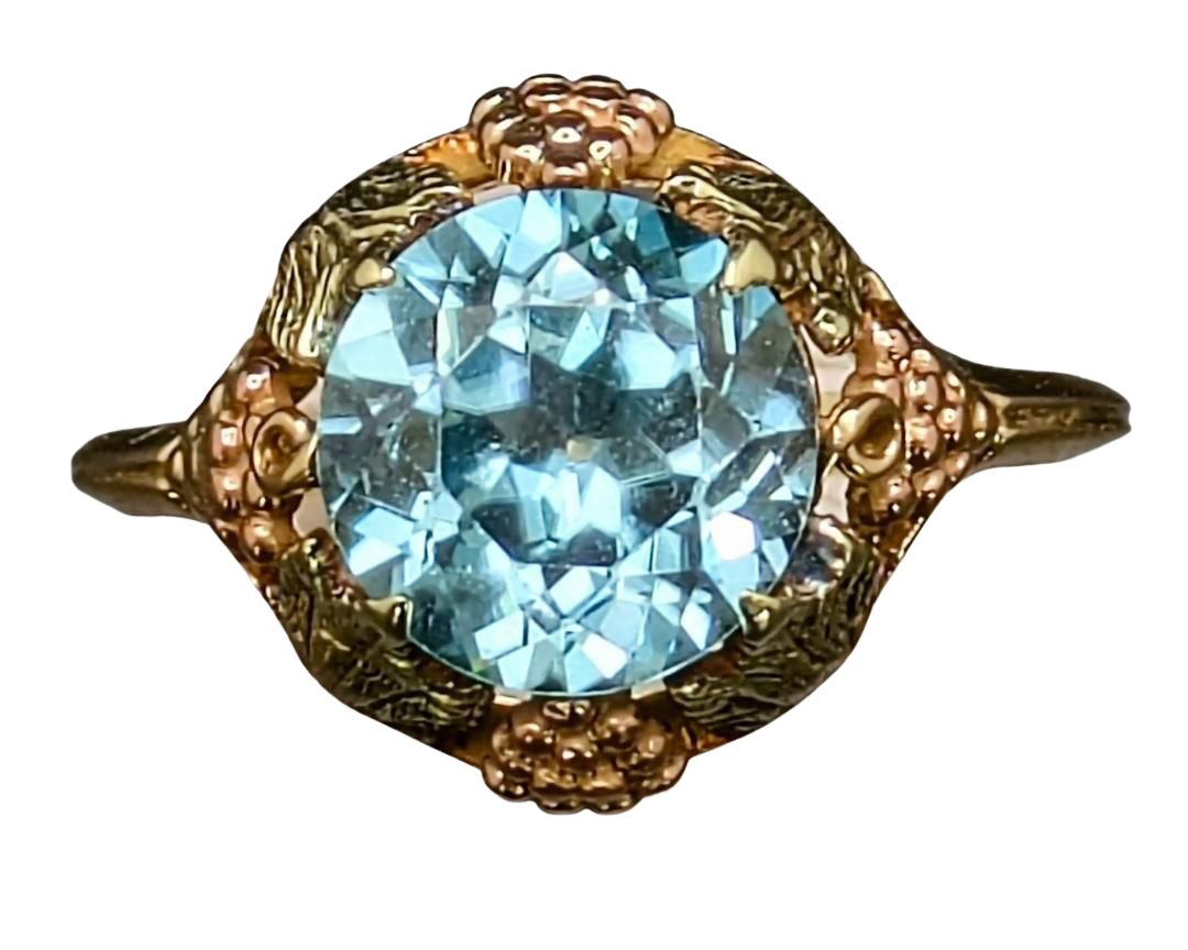 Blue Zircon Ring with Floral Side Details - Tri-Tone
