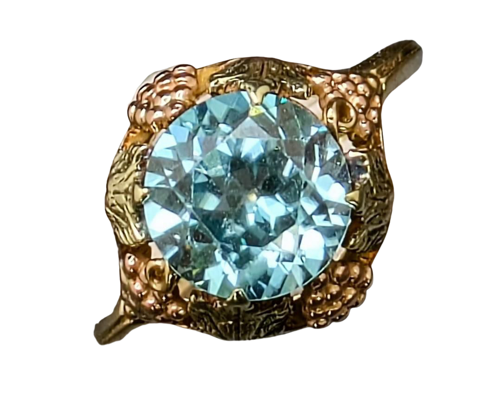Blue Zircon Ring with Floral Side Details - Tri-Tone