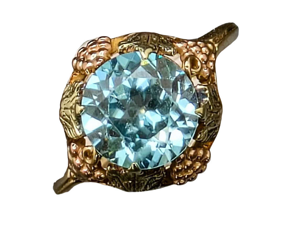 Blue Zircon Ring with Floral Side Details - Tri-Tone