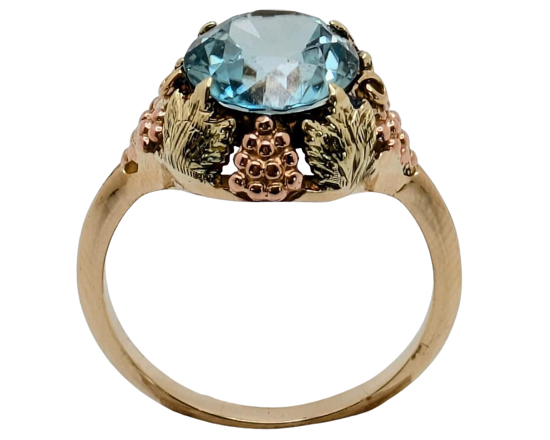 Blue Zircon Ring with Floral Side Details - Tri-Tone