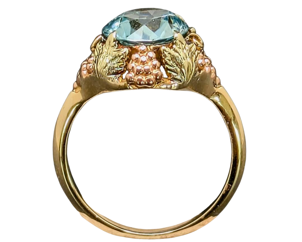 Blue Zircon Ring with Floral Side Details - Tri-Tone