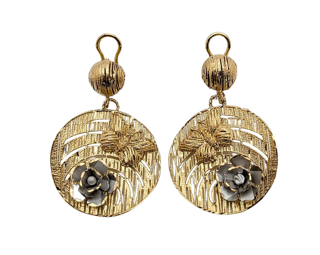 Butterfly and Flower Circular Drop Earrings - Two Tone