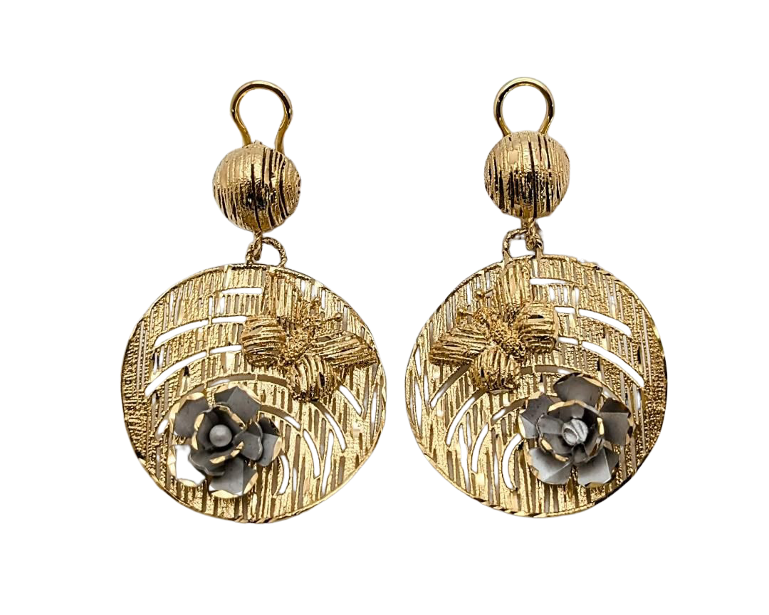 Butterfly and Flower Circular Drop Earrings - Two Tone