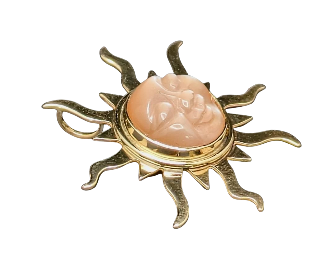 Carved Peach Moonstone Sun Pendant - Yellow Gold