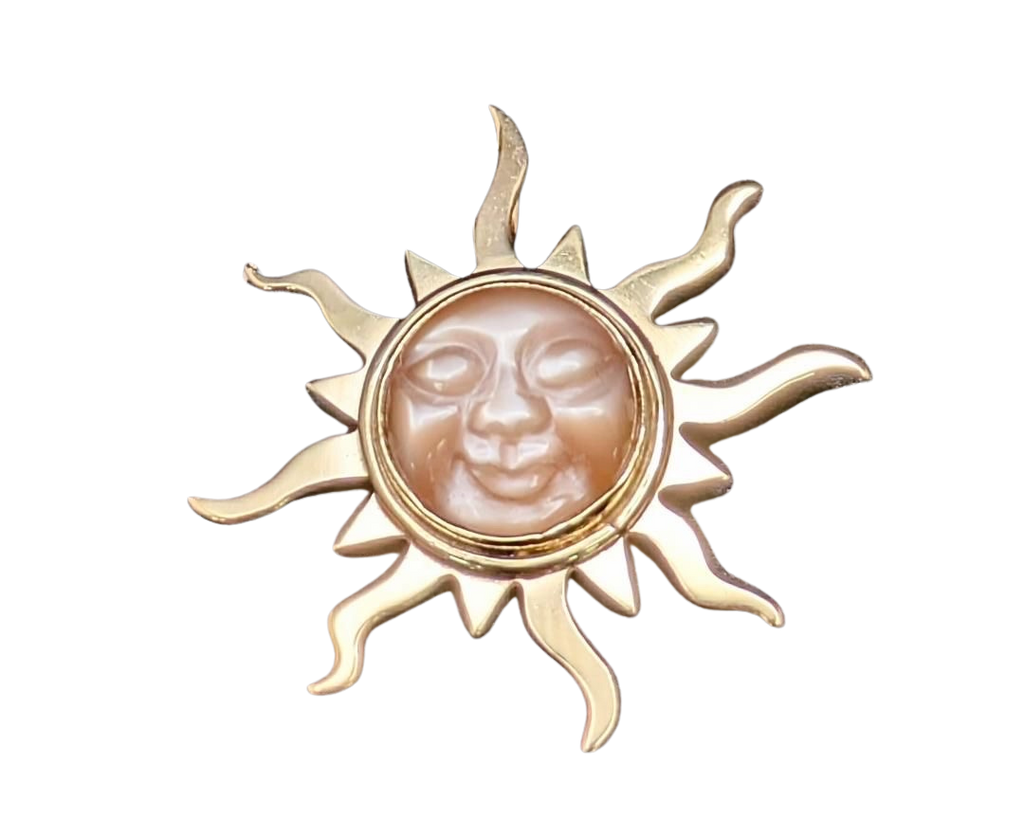 Carved Peach Moonstone Sun Pendant - Yellow Gold