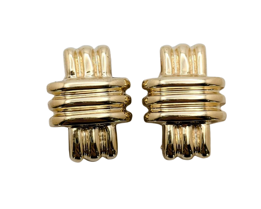 Crosshatch Earrings with French Omega Backs - Yellow Gold