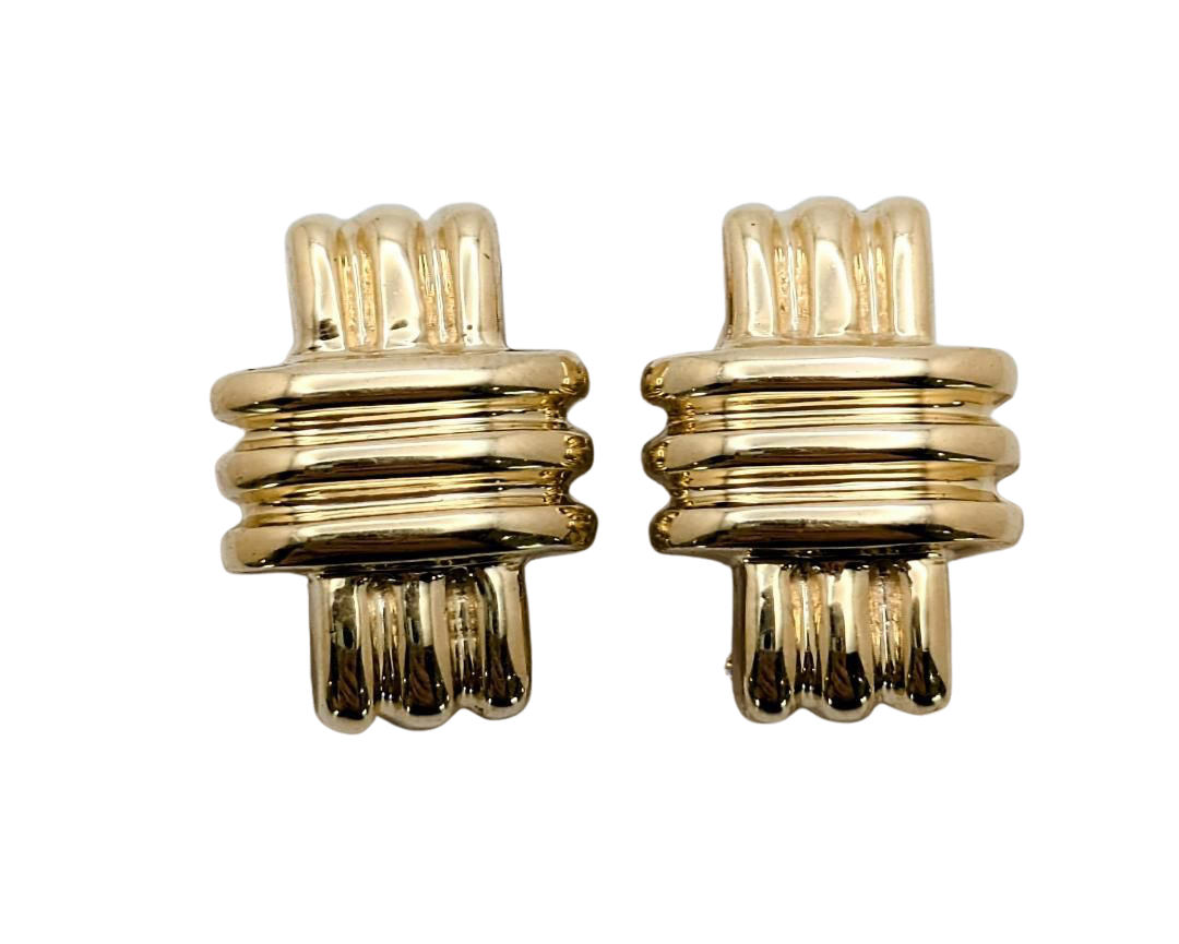 Crosshatch Earrings with French Omega Backs - Yellow Gold