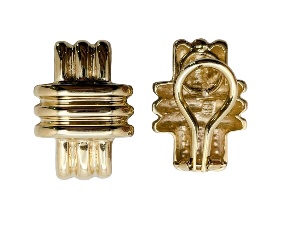 Crosshatch Earrings with French Omega Backs - Yellow Gold