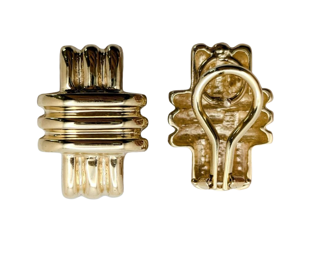 Crosshatch Earrings with French Omega Backs - Yellow Gold