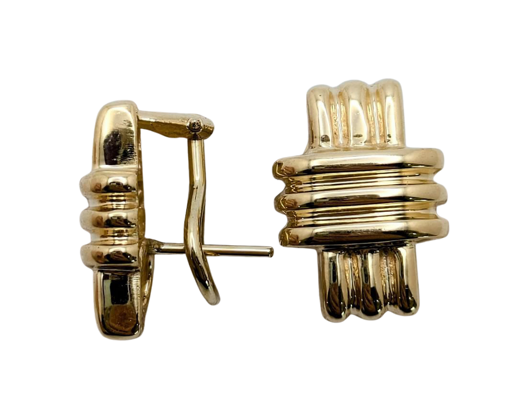 Crosshatch Earrings with French Omega Backs - Yellow Gold